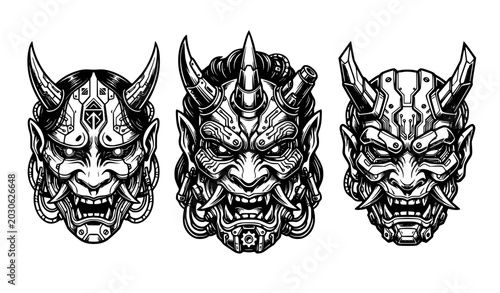 Valokuva Japanese Oni cyberpunk mask illustration set black and white futuristic demon de