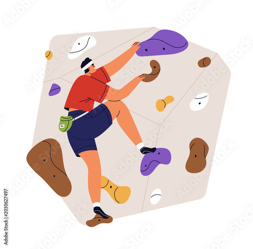 Male climber ascending indoor bouldering wall, gripping holds. Man athlete in...