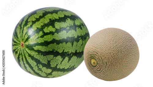Fotografie Whole watermelon with green stripes and cantaloupe, isolated on transparent back
