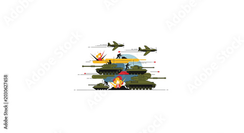 Photos Illustration depicting modern military conflict with tanks, fighter jets, explosions, and a globe background