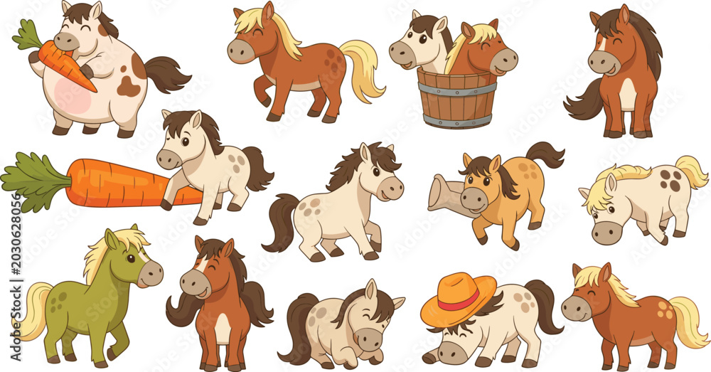 Fototapeta premium Cute cartoon farm horses and little pony character mascots vector set collection with big carrots and cowboy hats for children storybook educational illustration design