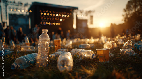 Plastic waste scattered across music festival ground after outdoor concert with environmental pollution and littering concept