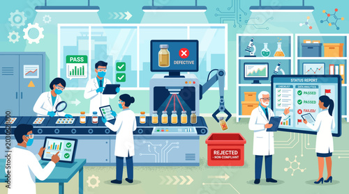 Pharmaceutical team identifying defective medical products in a modern laboratory illustration