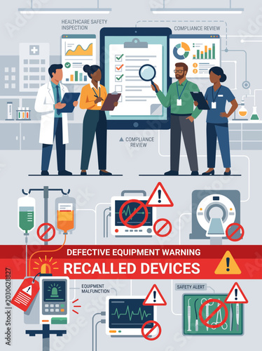 Medical Professionals Inspecting Recalled Devices in Hospital Environment Flat Vector Illustration
