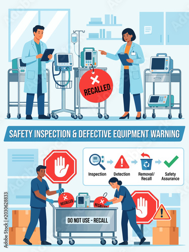 Medical staff tagging recalled equipment for safety inspection in clinical environment vector illustration
