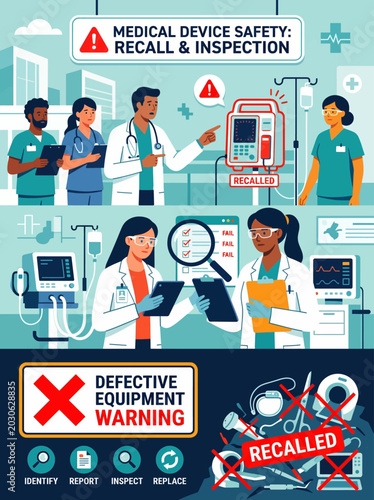 Medical Professionals Inspecting Defective Devices for Recall in Hospital Vector Illustration