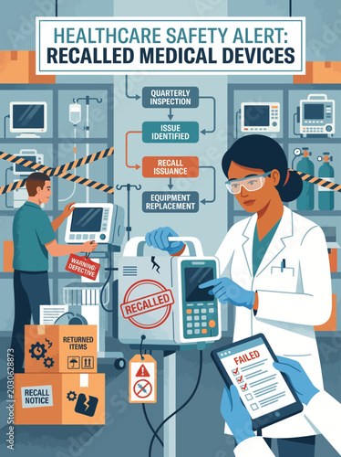 Medical Professionals Inspecting Recalled Devices in Clinical Storage Facility Flat Vector Style