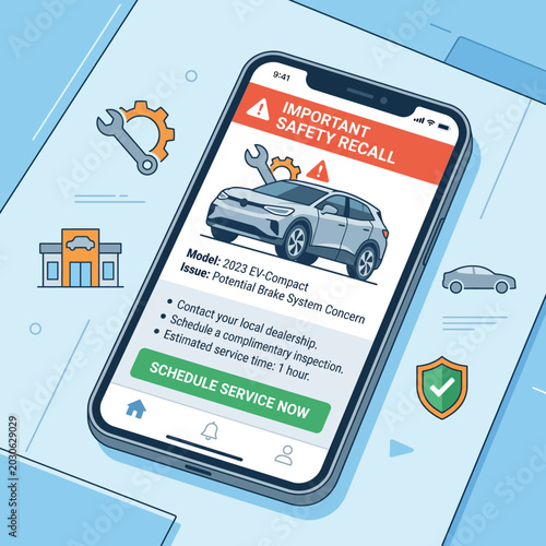 Electric vehicle safety recall notification on smartphone screen with service icons in flat vector illustration