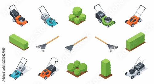 Photos Collection of lawn care tools and grass.