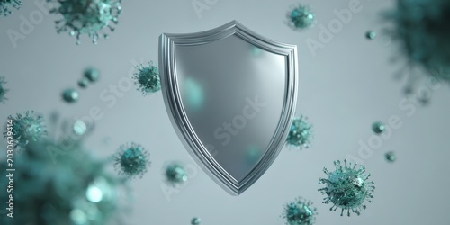 Protective shield surrounded by airborne viruses and bacteria cells, repelling green viral particles. Blue background. Infectious agents defense. Immunity safety. Health care, protection from disease