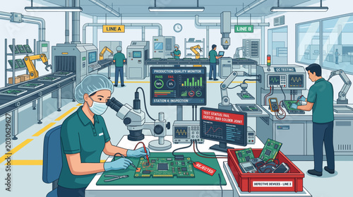Engineers identifying defective electronics in a smart factory environment, professional vector illustration.