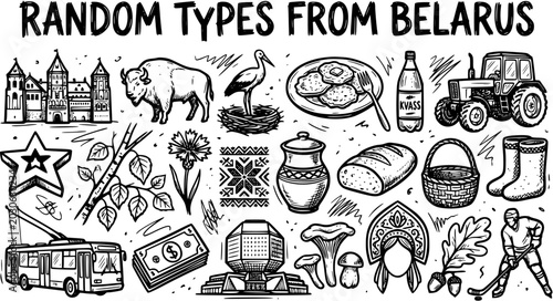 Hand-drawn Black and White Line Art Set of Belarusian Culture and Travel Icons. Collection of National Symbols, Food, Architecture, Nature, and Lifestyle Elements.