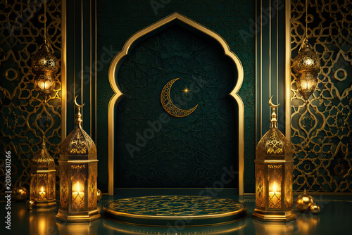 Luxury Islamic Ramadan podium background with golden lanterns and crescent moon.
