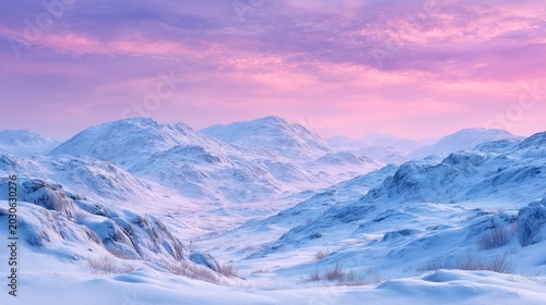 Serene Winter Landscape with Soft Pink Sky and Snow-Covered Mountains During Sunrise in a Quiet, Frozen Wilderness Setting