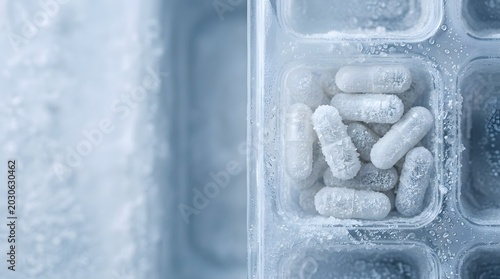 frozen pharmaceutical capsules with ice crystal texture inside medical cold storage container for biotech preservation and healthcare research