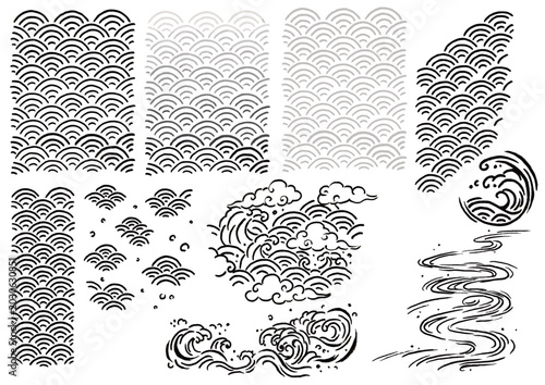 青海波と和風波模様の墨筆線画ベクター10点セット