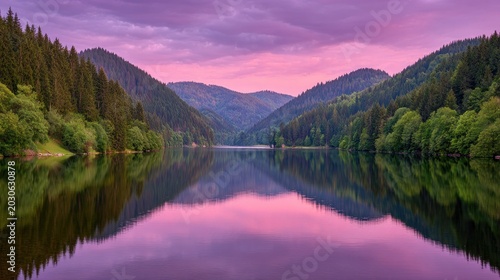 Serene Mountain Lake Surrounded by Lush Green Forest and Vibrant Sunset Sky Reflected on Calm Water, Scenic Nature Landscape in Tranquil Environment