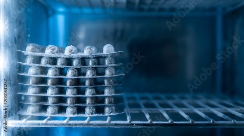 frozen pharmaceutical blister pack capsules stored inside medical freezer for healthcare cold chain preservation and biotech laboratory storage