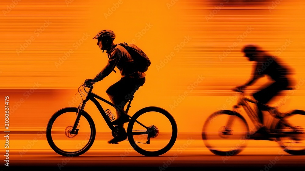 Obraz premium Dynamic Mountain Bikers Cycling at Speed on Motion Blurred Orange Background