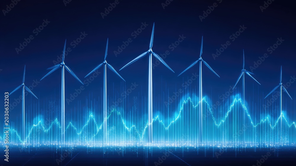 Fototapeta premium Modern Wind Turbines Generating Renewable Energy with Abstract Graphical Elements Depicting Energy Trends and Sustainability Concepts