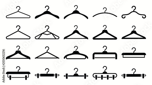 Various black silhouette clothing hanger icons on a clean white background, showcasing different designs for garments, representing fashion industry essentials and symbolizing retail store inventory