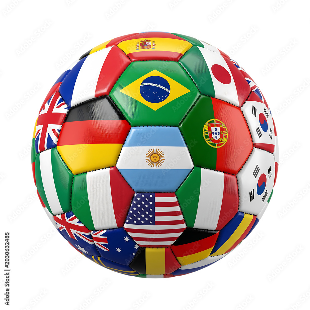 Obraz premium Soccer football ball with world country flags illustrating international sports events and global competition, football