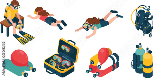 Foto Modern isometric scuba diving equipment and divers vector set collection with ox