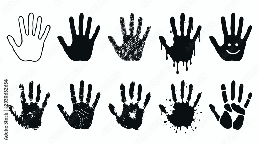 Fototapeta premium Diverse collection of black vector handprints and hand shapes on a clean white background, showcasing various styles and textures, Symbolizing creativity and expressing identity