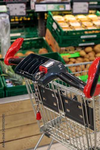 supermarket shopping cart with red handle and coin lock chain in produce section, kiwi fruits in salvi boxes and packaged mushrooms visible behind