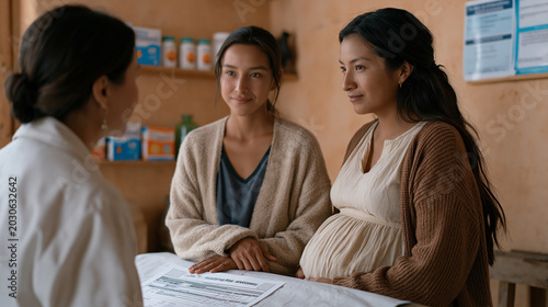Rural obstetrician meets with a young pregnant farmworker and her mother in a sparse clinic examination room, a maternal health risk assessment form visible on the exam table paper, a shelf of prena