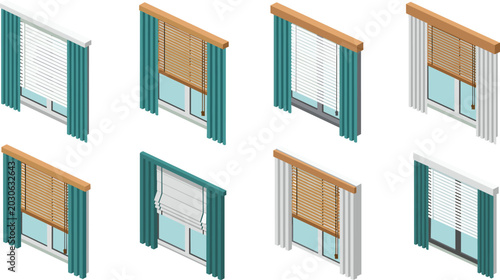 Fotografía Modern isometric window blinds and curtains vector set collection with wooden ve
