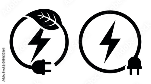 Black outline icons featuring lightning bolts and electric plugs, one with a green leaf, on a clean white background, symbolizing sustainable energy solutions and conventional electricity supply