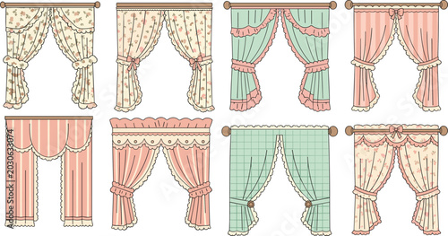 Foto Vintage cottagecore window curtains and rustic floral drapes vector set collecti