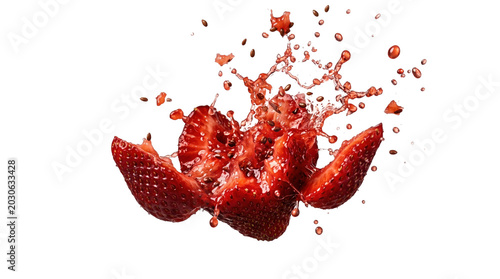 Exploding strawberry slices with juicy splash isolated on black background