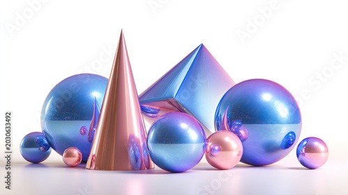 Rendered composition of colorful geometric shapes sphere, cone, pyramid, and smaller orbs