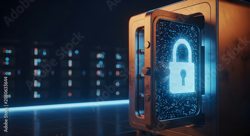 Digital security concept with a glowing padlock icon inside an open metal safe in a server room