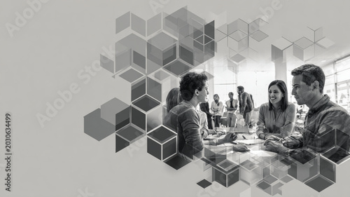Diverse sales team collaborates in modern office space, surrounded by abstract geometric shapes, fostering creativity and teamwork. atmosphere is dynamic and engaging