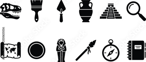 Foto Archaeology and excavation vector icon set with shovel, artifact, pottery, pyram
