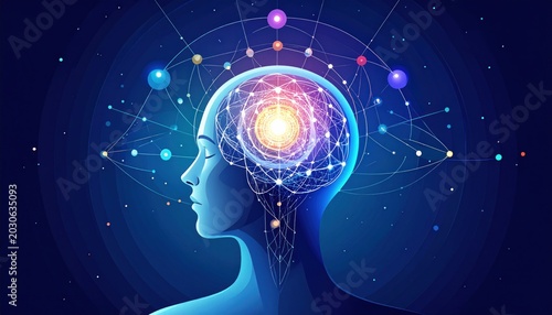 Profile of a person with glowing brain and cosmic energy, stars around