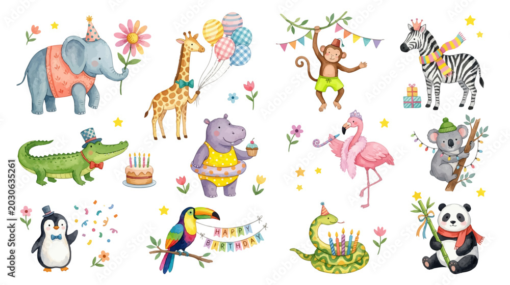 Fototapeta premium Fun safari and tropical animals in festive cartoon watercolor style. Collection of Vector illustrations for invitation, card, poster, banner, decoration