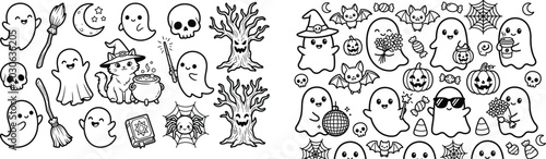 Cute Halloween ghosts, bats, cats, and spooky elements cartoon illustration.