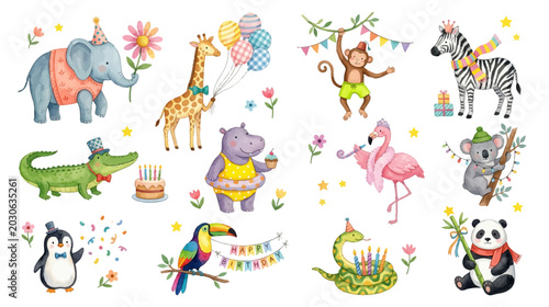 Photography Fun safari and tropical animals in festive cartoon watercolor style