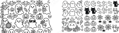 Cute halloween ghost illustrations collection with pumpkins bats and cats.