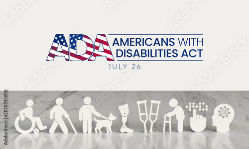 Americans with disability act is observed every year on July 26, ADA is a civil rights law that prohibits discrimination based on disability. 3D Rendering