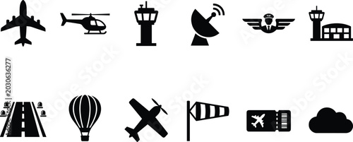 Принти на полотні Aviation and airport flat black vector icon set with airplane, control tower, ru