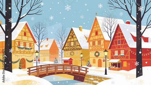 Konstfotografi Charming snow-covered village with traditional half-timbered houses adorned with festive Christmas decorations and a quaint wooden bridge over a gentle stream