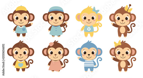 Obraz na plátně Eight cartoon monkeys dressed differently on white background