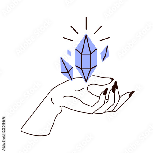 Magic crystal in witch hand. Holding mystical spiritual esoteric gem stone, o...