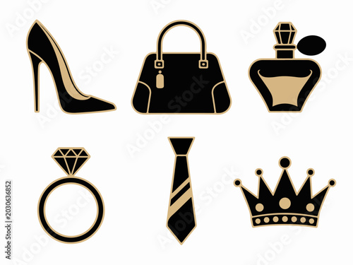 Bild auf Leinwand Set of luxury fashion icons including high heel shoe handbag perfume bottle diam