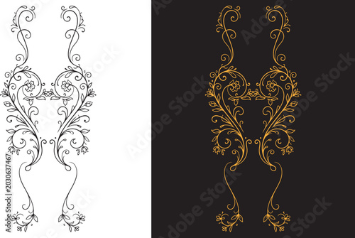 Tableau sur toile Luxury vintage floral embroidery design template for neckline and fabric borders, featuring ornate golden and black filigree patterns on contrasting backgrounds